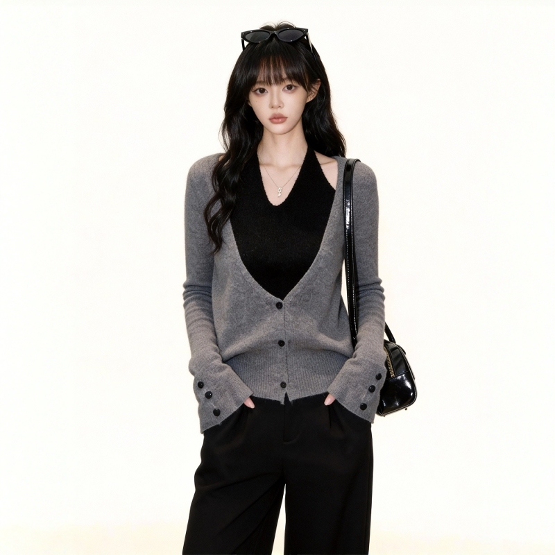 Gray Fake Two-Piece V-Neck Sweater for Women 2026 Spring and Autumn New Style Lazy Style Loose Long-Sleeved Knitted Bottoming Shirt Top Gray Fake Two-Piece V-Neck Sweater for Women 2026 Spring and Autumn New Style Lazy Style Loose Long-Sleeved Knitted Bottoming Shirt Top