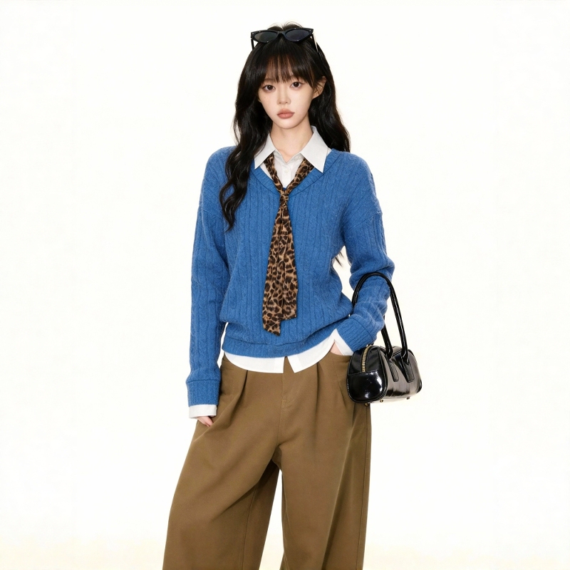 Klein Blue Faux Two-Piece Cable Knit Sweater for Women, 2026 Spring and Autumn New Style, High-End Loose Fit Turn-Down Collar Knit Top