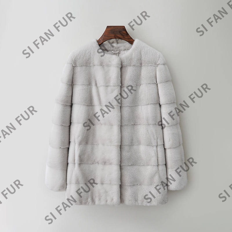 Life Is Like a Dream, Imported Velvet Mink Fur Mid-Length Round-Neck Horizontal Striped Mink Coat for Women, Winter Fashion