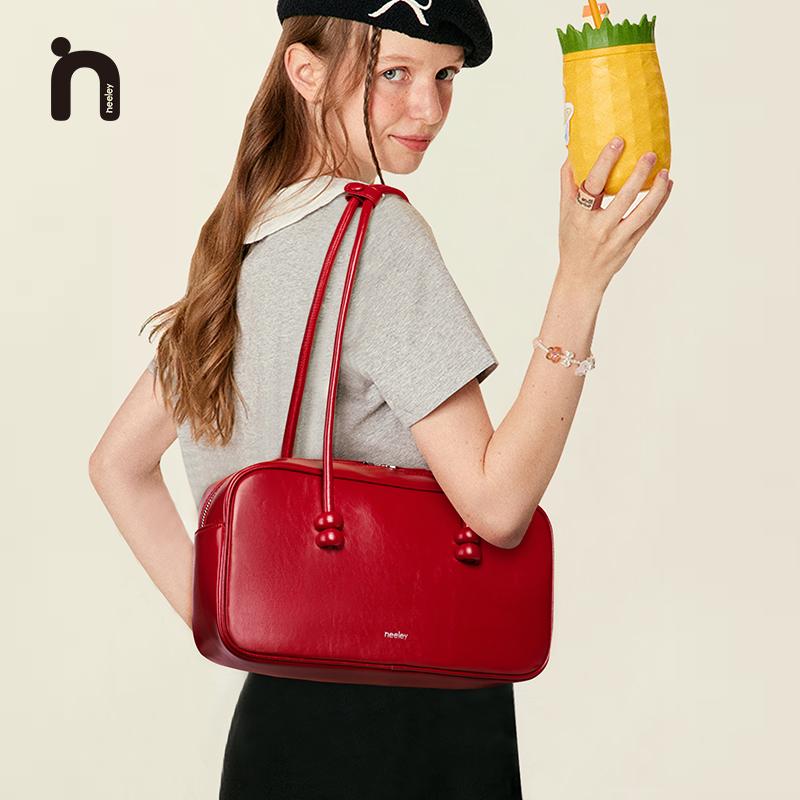 Neeley Large-Capacity Wedding Bag Red Bridal Bag Genuine Leather Boston Bag Fashionable Bowling Bag Shoulder Bag