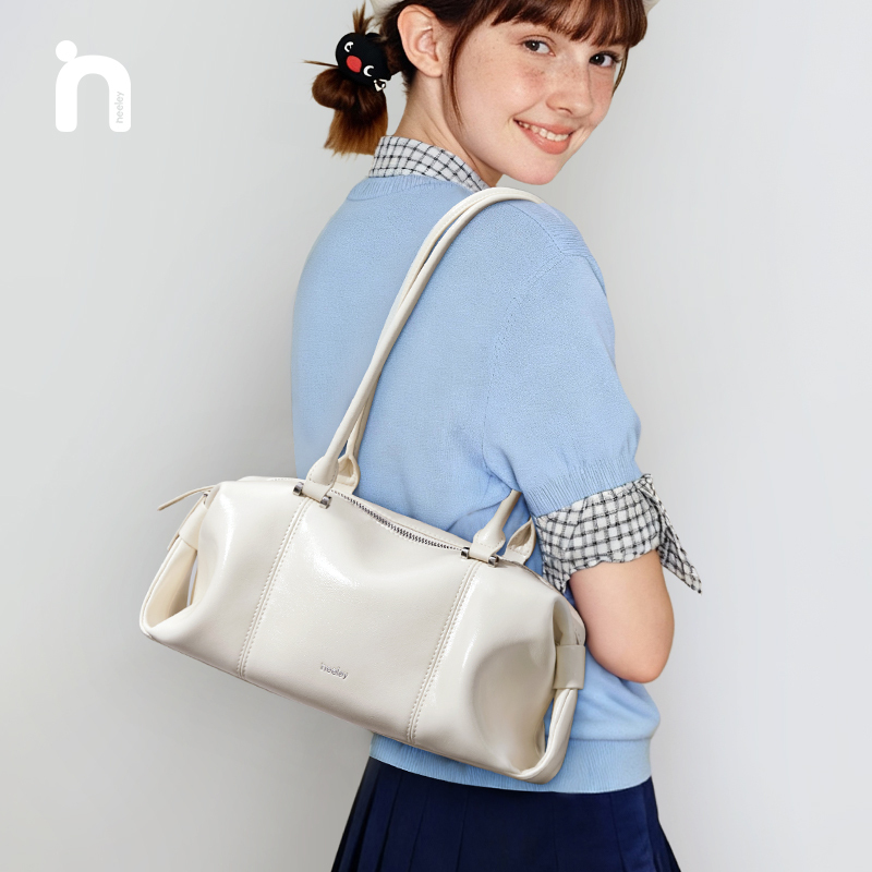 Neeley Original Design Textured Waxed Baguette Bag Bowling Bag High-End Genuine Leather New Shoulder Underarm Bag
