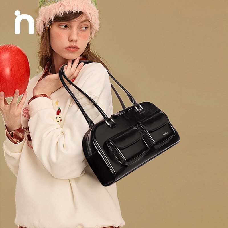 Neeley Underarm Bag Shoulder Bag Genuine Leather Bowling Bag Large Capacity Cowhide Handbag Boston Bag 2026 New Model