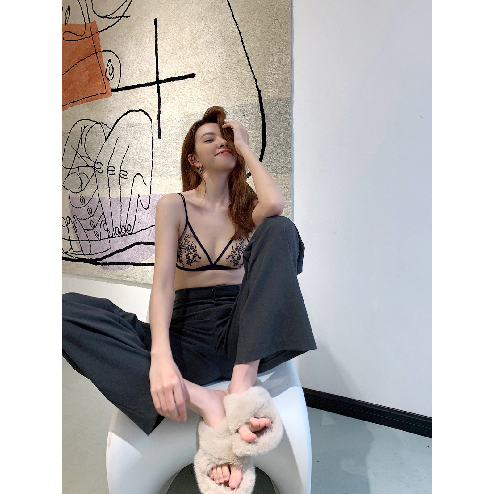 Deepv vcruan lingerie feminine mesh embroidered triangle cup non-underwire anti-convex ultra-thin bra set