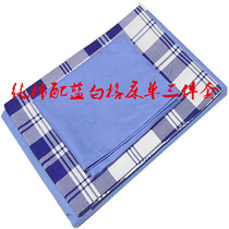 Student dormitory thickened cotton pure blue three-piece cotton thickened blue and white grid three-piece set