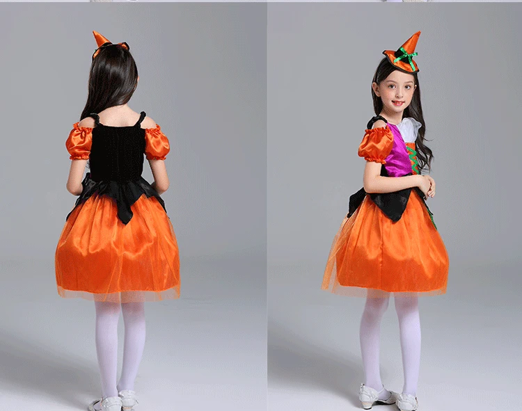 Halloween quần áo trẻ em gái cosplay trang phục phù thủy bí ngô áo choàng ảo thuật gia áo choàng biểu diễn đầm trẻ em cao cấp