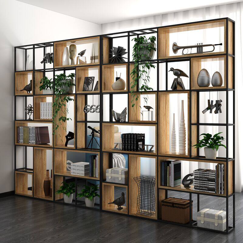Office wrought iron partition screen floor-to-ceiling solid wood bookshelf living room porch loft rack industrial wind display cabinet