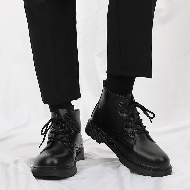 Leather Martin boots men's high-top leather shoes winter plus velvet British style retro heightened black mid-tube short boots men