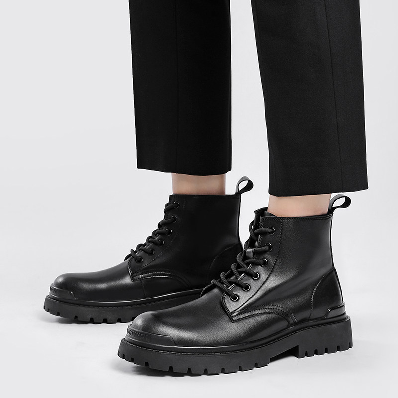 Leather Martin boots men's high-top leather shoes British style ins mid-tube tooling boots tide shoes summer black motorcycle boots