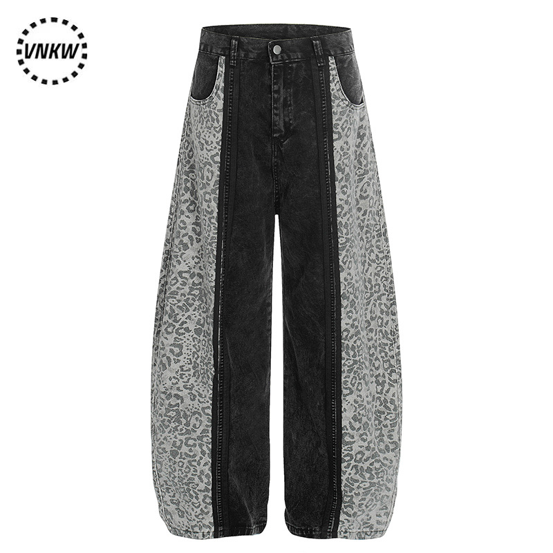 Trendy Retro Leopard Print Patchwork Scimitar Jeans for Men and Women, Loose Street Style Casual Versatile Wide-Leg Pants