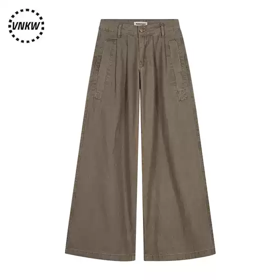 American Retro Washed Vintage Workwear Wide-Leg Pants for Men and Women, Mid-High Waist, Pleated, Simple Solid Color, Loose Casual Long Pants
