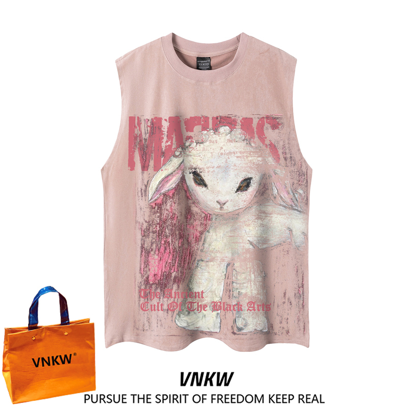 National Trendy Brand Couple's American-Style Graffiti Hip-Hop Streetwear Tops: Women's Pink Suede Vest and Men's Sleeveless T-Shirt