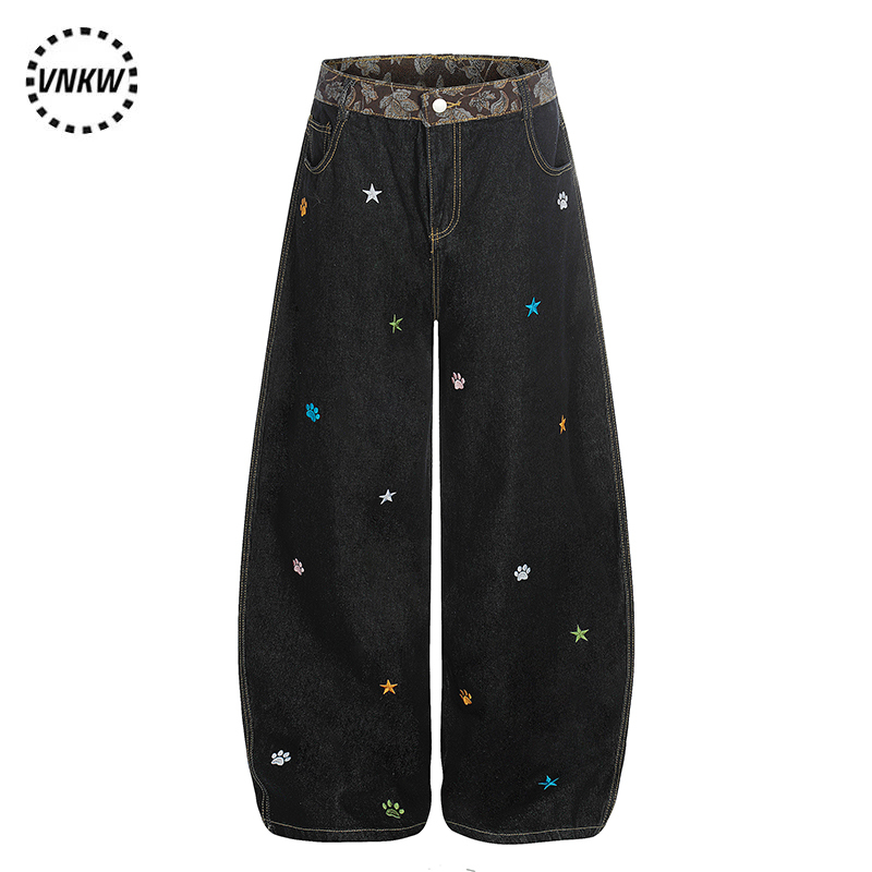American Retro Leopard Print Patchwork Star Embroidery Jeans Unisex Loose Wide-Leg Casual Versatile Workwear Scimitar Pants