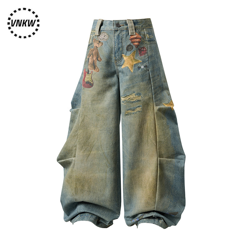 Zhou Shen's Same Style Heavyweight 3D Printed Bear Star Scimitar Jeans, Unisex Loose Wide-Leg Versatile Commuter Pants