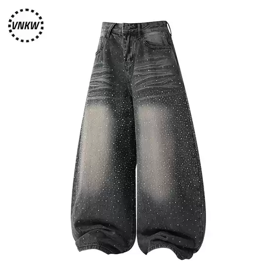 Trendy Heavy-Duty Rhinestone Washed Whiskered Knife-Cut Jeans for Men and Women, Loose Wide-Leg Versatile Commuter Drapey Long Pants