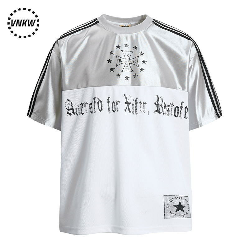 American Retro Satin Spliced Short-Sleeved T-Shirt for Men and Women Cleanfit Loose Letter Printed Jersey Round Neck T-Shirt
