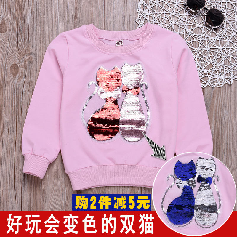 Cô gái sequins cộng nhung ấm áp bảo vệ 2019 mùa thu / mùa đông phụ nữ của đổi màu dài tay áo thun áo len bông hàng đầu của trẻ em.