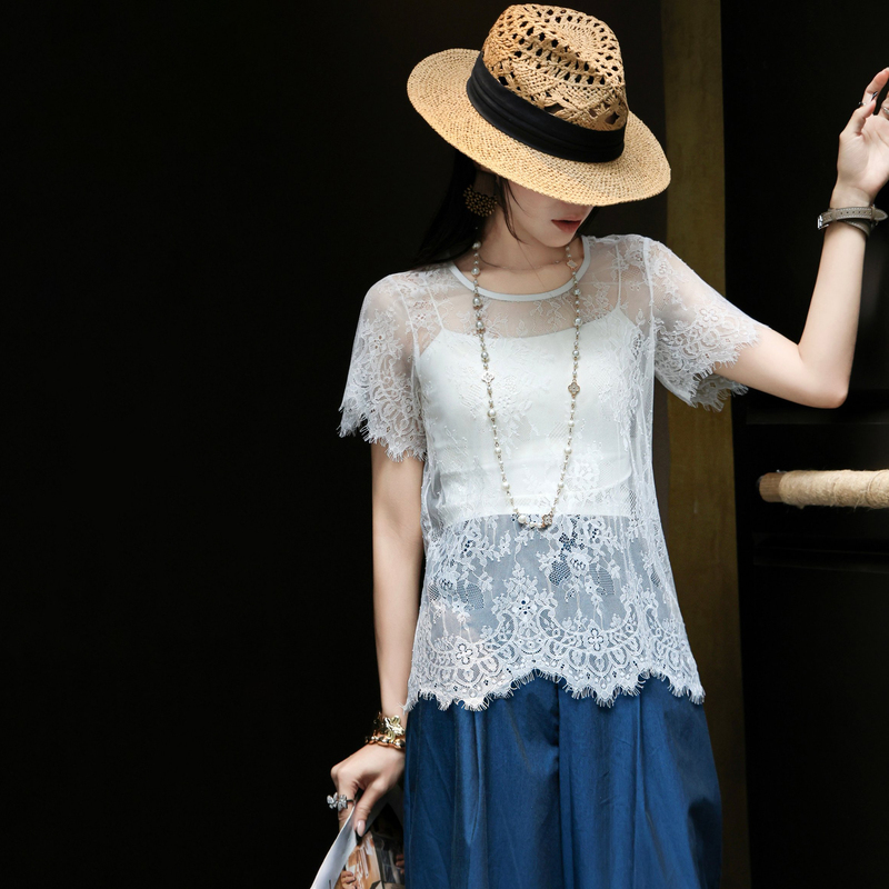 White Short-Sleeve Lace Shirt with Round Neck, Wavy Edges, and Sheer Design, Layered with a Stylish Half-Sleeve T-Shirt, High Quality