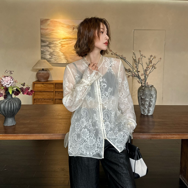 Silk Organza Top with Stand-Up Collar, Lace Base Shirt, Loose and Mature Style, Semi-Transparent Cardigan, Long Sleeves