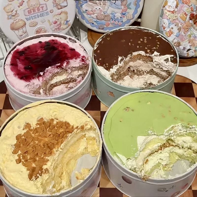 Tin Can Cake Cheese Box with Animal Cream Mousse Filling, Matcha Strawberry Flavored Dessert, Afternoon Tea Snack