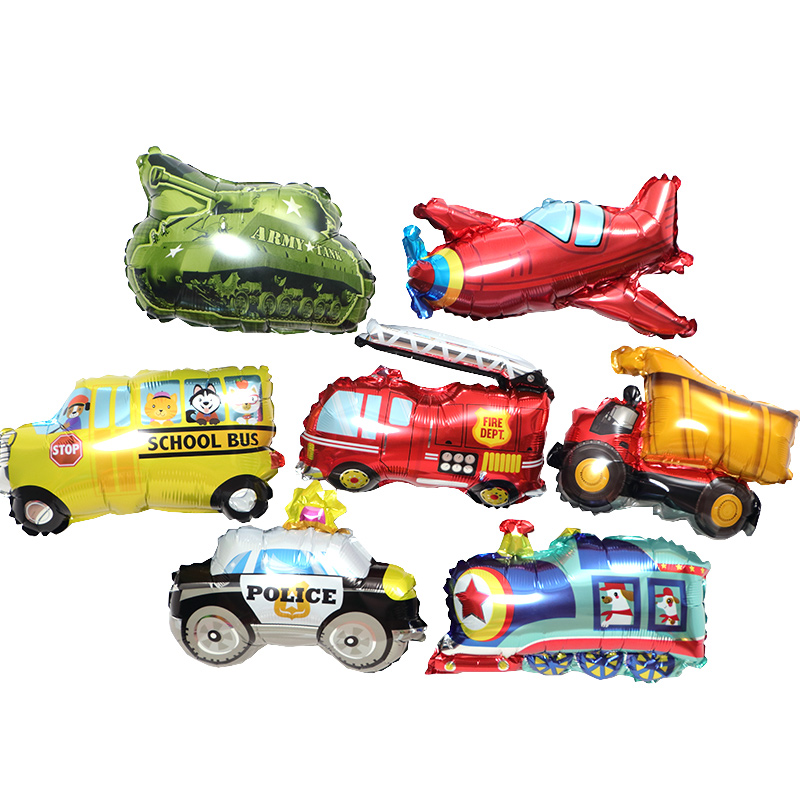 Car Themed Aluminum Film Big Balloon Birthday Arrangement Train Engineering Car Fire Truck Bus Cop Car Tank Background 