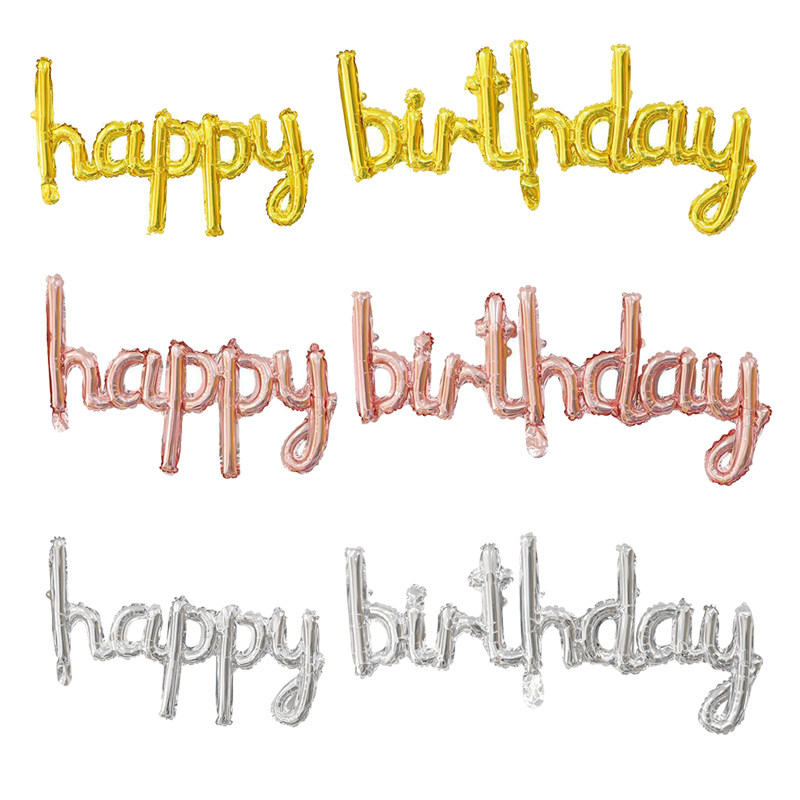 Conjoined letters lowercase happy birthday aluminum foil balloon Happy birthday aluminum foil balloon gold and silver roses