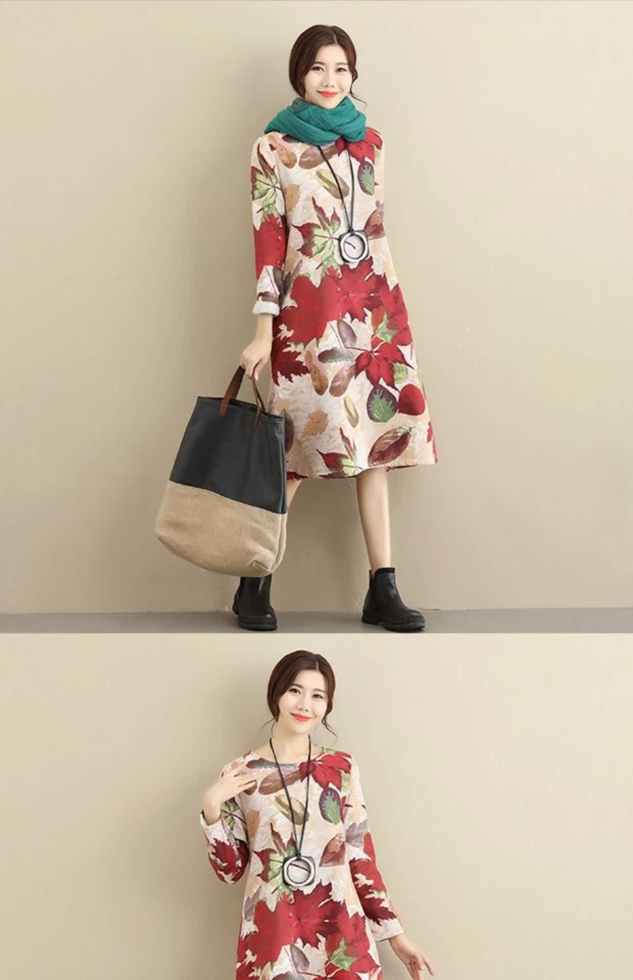 Mùa thu và mùa đông mới retro phong cách quốc gia lỏng lẻo kích thước lớn bao gồm bụng bông và vải lanh in váy cộng với nhung ấm dưới váy vay dep
