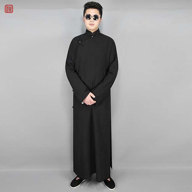 Long gown men's Republic of China clothing cotton and linen robe mandarin Chinese style Tang suit cross talk coat Chinese style men's robe