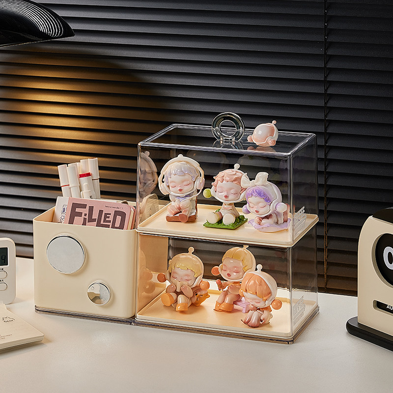 透明手办展示架盲盒防尘展示盒亚克力桌面笔筒小摆件收纳架奶油白盲盒架