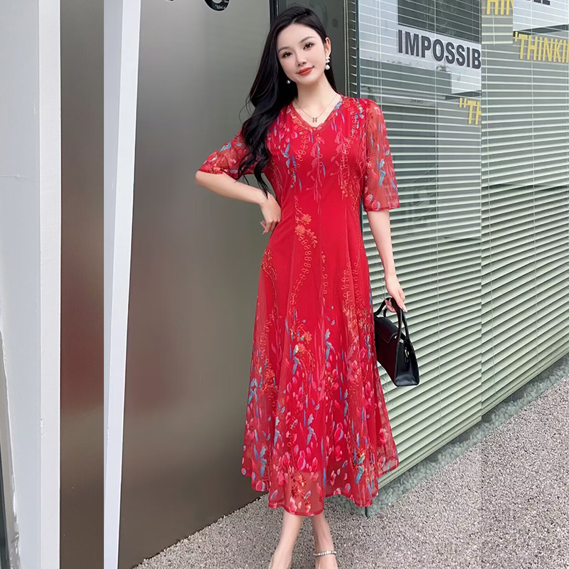 Summer High-End Mesh Dress for Middle-Aged Mothers 2024 New Style Middle-Aged and Elderly Mother-In-Law Mid-Sleeve Slimming Elegant Dress