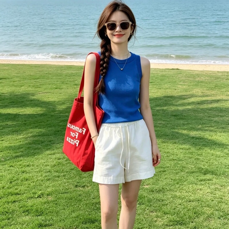 Blue Sleeveless Inner Top with Unique Racerback Design, Korean Style, Beautiful Thai-Style Camisole, Women's Fashion Set