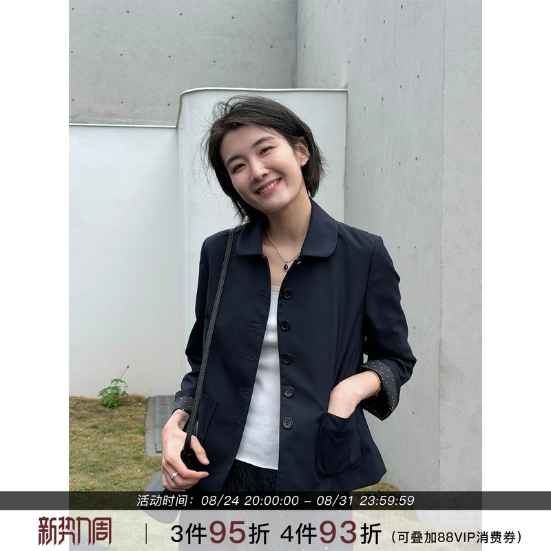 Zhou Langqing/[Old Dreams] Navy Blue Short Blazer for Women 2026 New Autumn Casual Long Sleeve Suit