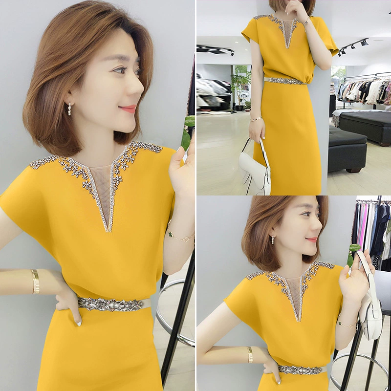 Châu Âu ga mùa hè 2021 thiết kế mới cảm giác thích hợp khí chất eo cao cổ chữ V ngắn tay áo dài giữa quần áo phụ nữ - váy đầm