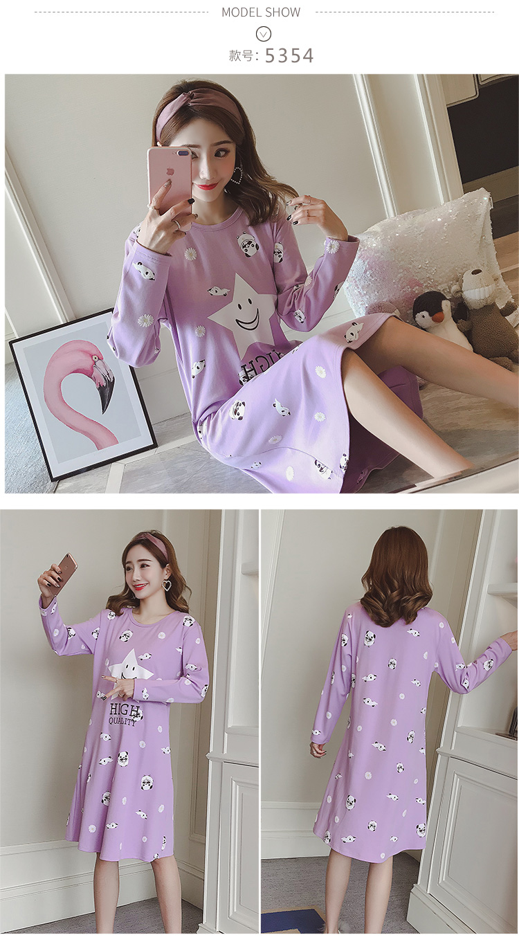 Phiên bản Hàn Quốc của váy ngủ dài tay nữ mùa xuân và mùa thu cotton dài phần lỏng lẻo XL có thể mặc bên ngoài đồ ngủ sinh viên phục vụ mùa đông đầm dài qua gối cho tuổi trung niên