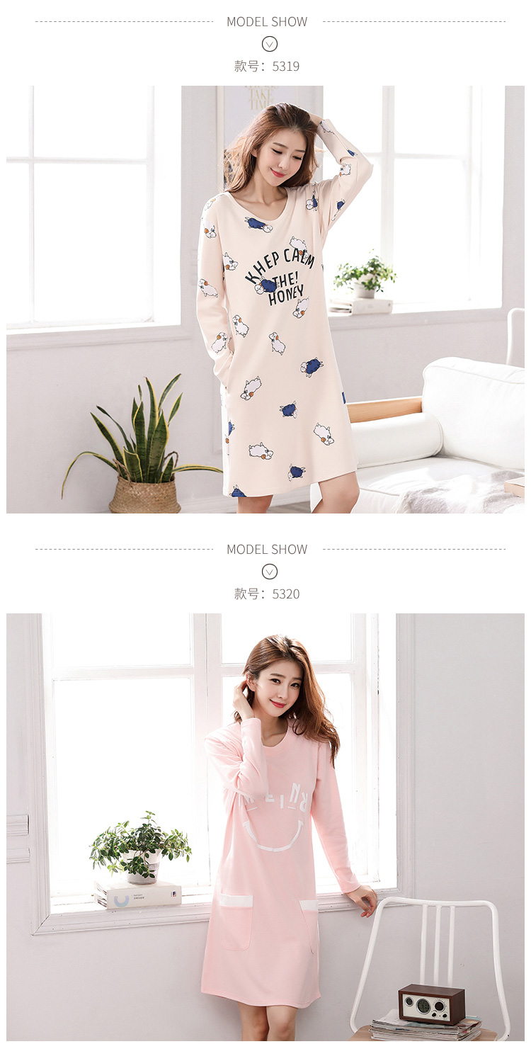 Phiên bản Hàn Quốc của bộ đồ ngủ cotton thông thường phụ nữ mùa thu và mùa đông dễ thương phim hoạt hình dài tay áo dài lỏng lẻo kích thước lớn phục vụ nhà váy ngủ đẹp