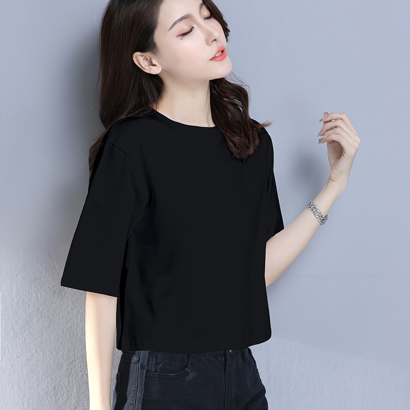 Slimming Black Loose T-Shirt for Women, Short Style with Five-Quarter Sleeves, New Trendy Top, Plus Size, Loose and Versatile Summer Wear Slimming Black Loose T-Shirt for Women, Short Style with Five-Quarter Sleeves, New Trendy Top, Plus Size, Loose and Versatile Summer Wear