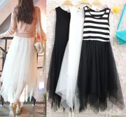 Mùa xuân hè Hàn Quốc modal vest váy cao eo ren váy không đều sọc đáy váy lưới nữ váy dài