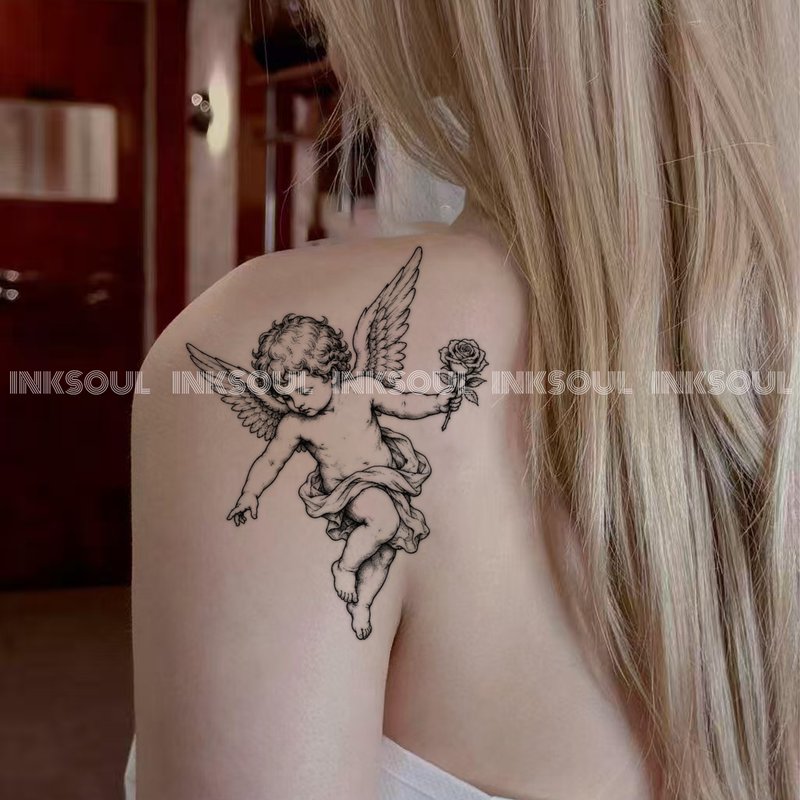Angels Give Roses | Retro Herbal Sketch Little Angel Rose Tattoo Sticker European and American Cupid Collarbone Waterproof Sticker Angels Give Roses | Retro Herbal Sketch Little Angel Rose Tattoo Sticker European and American Cupid Collarbone Waterproof Sticker