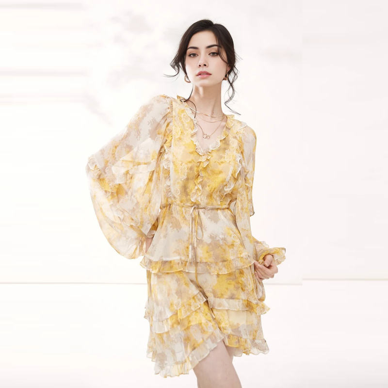 Shunyu Silk Floral Dress for Women 2026 Summer New High-End Slimming Tiered Dress Mulberry Silk Super Fairy Short Dress