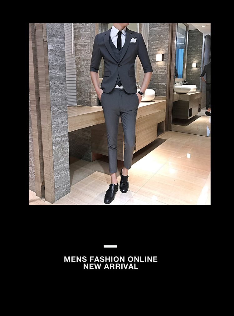 Mùa hè phiên bản Hàn Quốc của tay áo phù hợp với bộ đồ ba mảnh Slim tay áo bảy điểm nam phù hợp với nhỏ phù hợp với váy cưới nhà tạo mẫu tóc vest nam đẹp