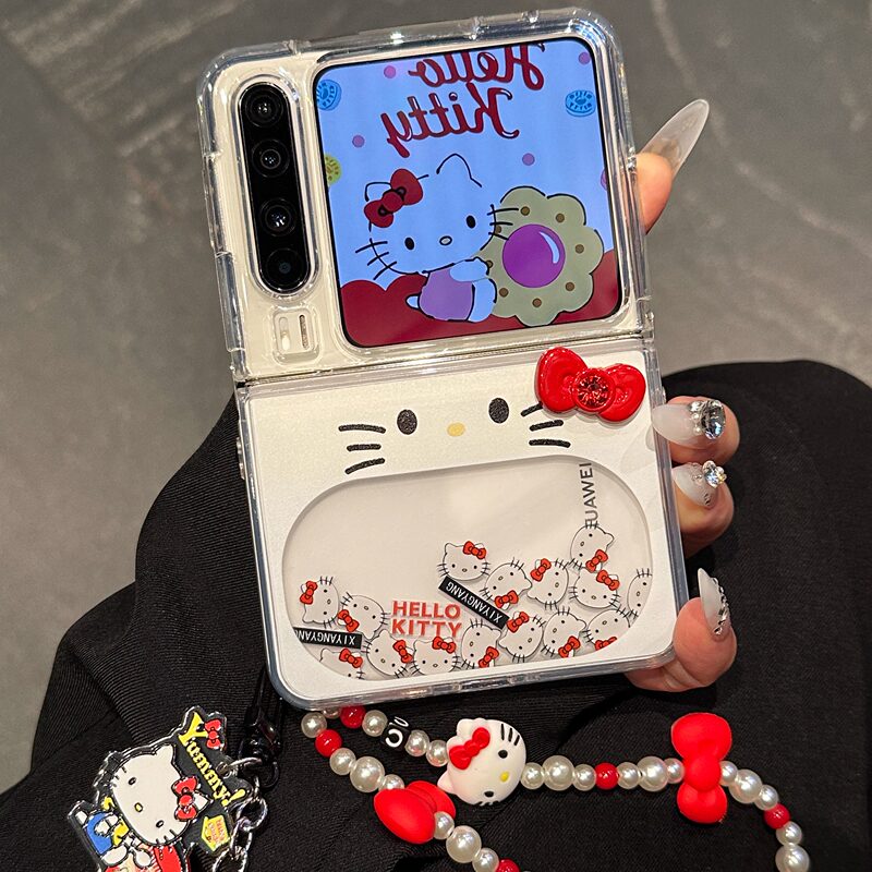 Flowing Sand Bowknot Kitty Case Suitable for Huawei Pura X Phone Case Pocket 2 Honor Magic V Flip Foldable Screen Bracelet Samsung Galaxy Z Flip 6/5/4 New Model Xiaomi Mix Flip