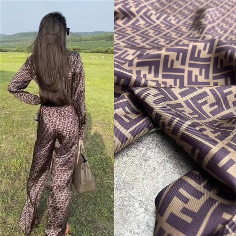 European and American Style F Letter Printed Twill Silk Fabric, Mulberry Silk, Men's and Women's Shirts and Pants Silk Material, 21 Momme