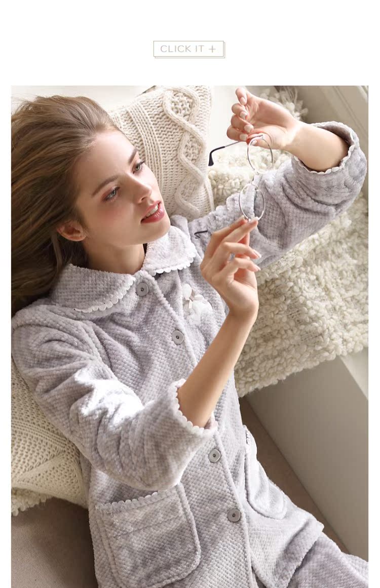 Mùa thu hươu mùa thu và mùa đông đồ ngủ nữ san hô nhung phù hợp thoải mái ấm áp dài tay rắn màu cardigan lỏng kích thước lớn dịch vụ nhà đồ pijama