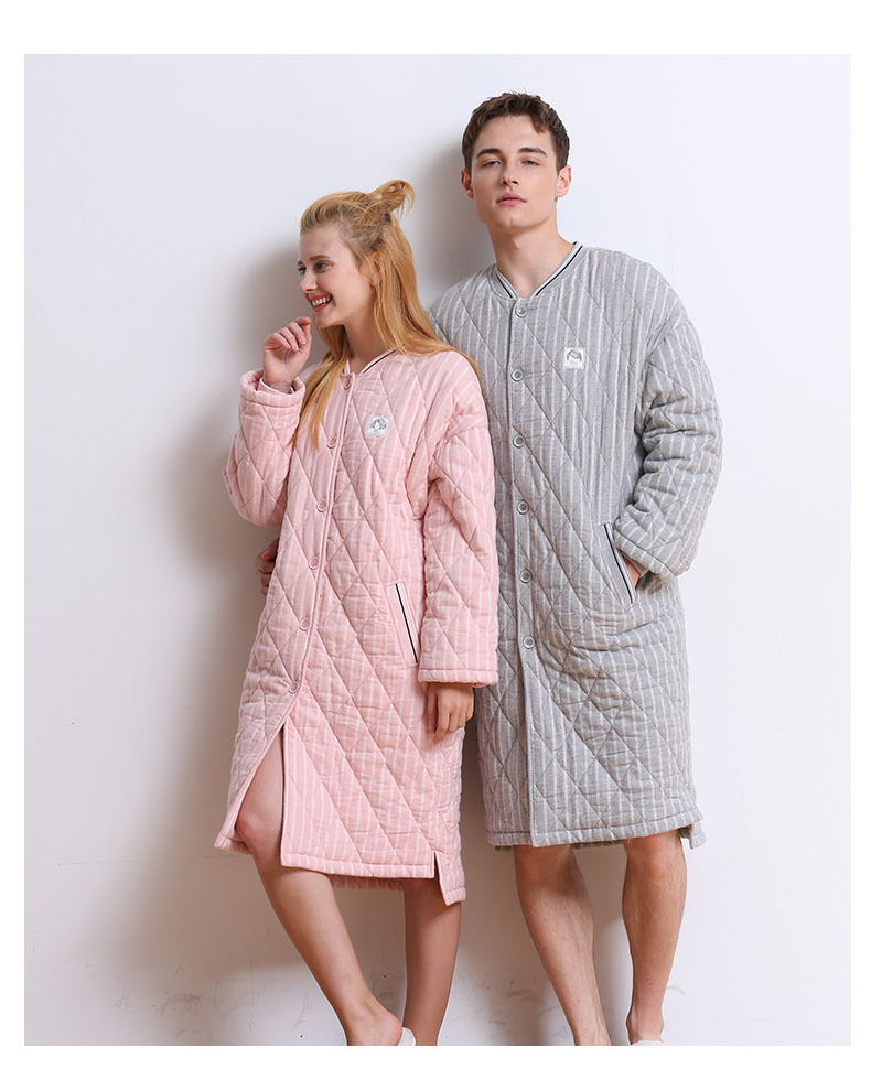 Mùa thu hươu mùa đông mới dài tay đôi dệt bông áo choàng nữ cardigan dày quilted sọc áo choàng tắm nhà nam váy ngủ nam 
