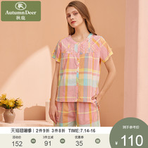 Autumn deer home clothes pure cotton pajamas girls spring and summer womens plaid fashion cardigan short-sleeved three-point pants suit