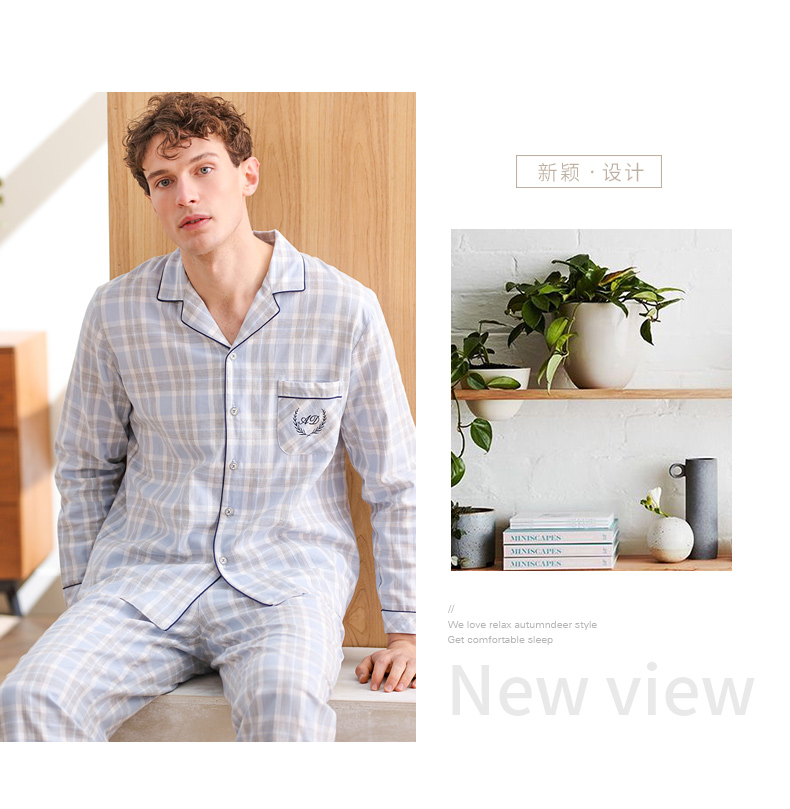 Mùa thu hươu mùa xuân dệt bông đồ ngủ vài dài tay áo sơ mi cổ áo bông cardigan giản dị kẻ sọc nam giới và phụ nữ dịch vụ nhà các kiểu đồ bộ mặc ở nhà đẹp