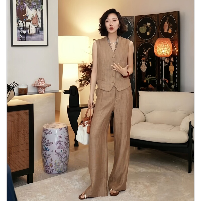 Korean-Style High-Fashion Linen Vest Suit for Women, Summer Elegant Commuter Style, Old Money Style Sleeveless Top and Long Pants Two-Piece Set