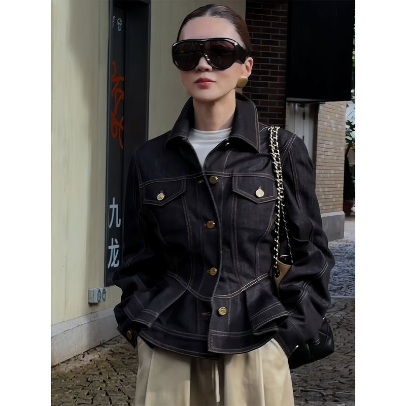 Retro Sweet-Cool Style Waist-Cinching Denim Jacket for Women, New Autumn Korean Style with Ruffled Edges, Slim-Fit Jacket Top