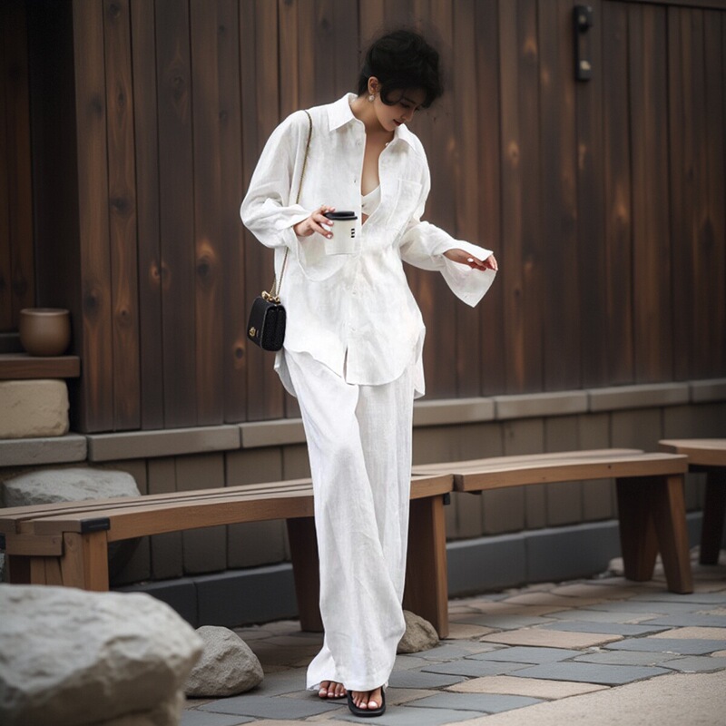 White Cotton and Linen Shirt Set for Women, Early Summer Trendy Linen Old Money Style, Relaxed Casual Sun Protection Shirt and Long Pants Two-Piece Set