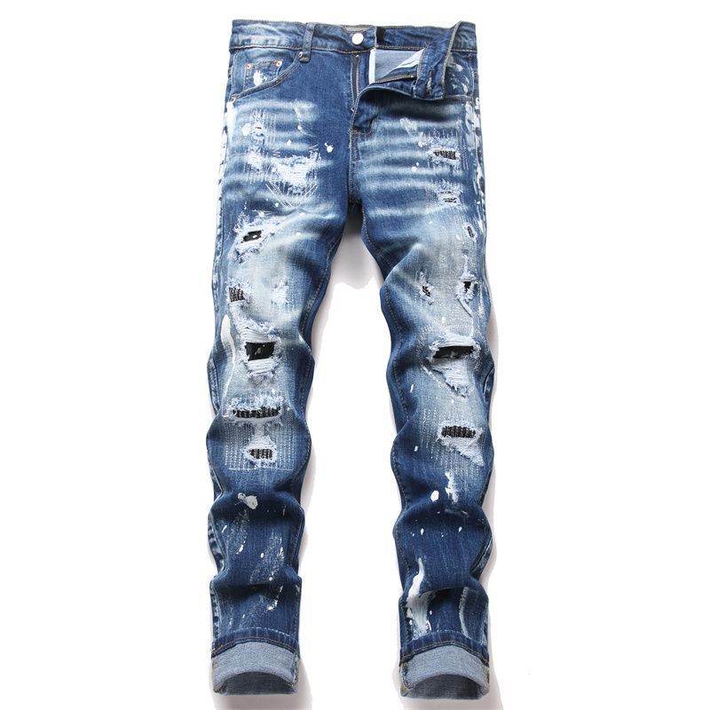 American-Style High-End Spray-Painted Ripped Jeans for Men, Trendy Slim-Fit Skinny Pants, Cool and Stylish, Light Luxury Patched Casual Trousers