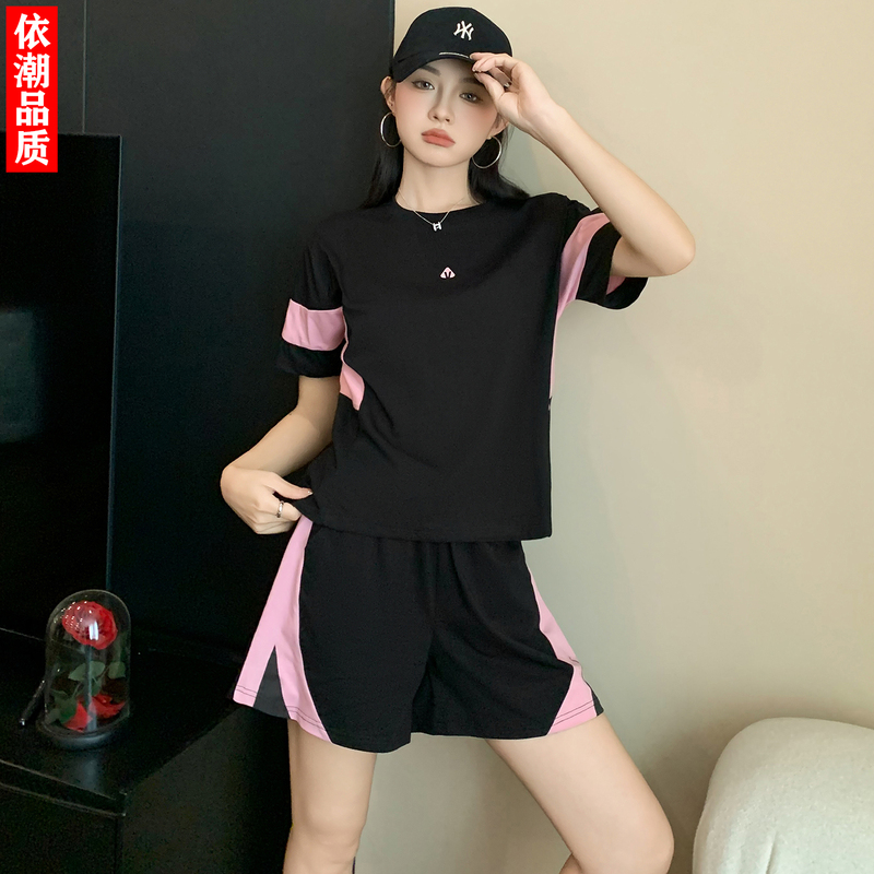Trendy Brand Badminton Color-Blocked Short-Sleeved Sports Suit for Women, Summer Loose Tennis Running Fitness Wide-Leg Shorts Two-Piece Set